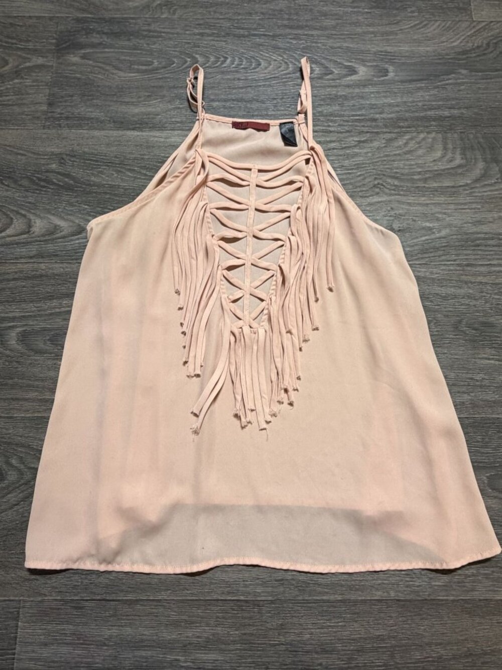 BKE Red Fringe Tank Top Large Blush Pink Crisscross Strappy Festival Y2K 00s - Picture 12 of 16